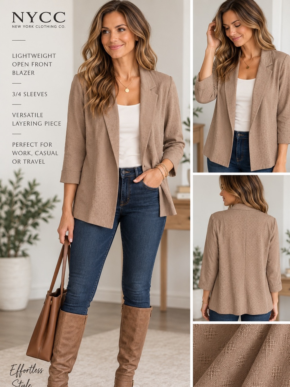 NYC Light Brown Open-Front Draped Blazer